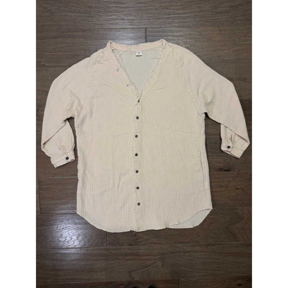 iGENJUN‎ Cream Cotton Gauze Button Down Tunic Top Boho V-Neck Large